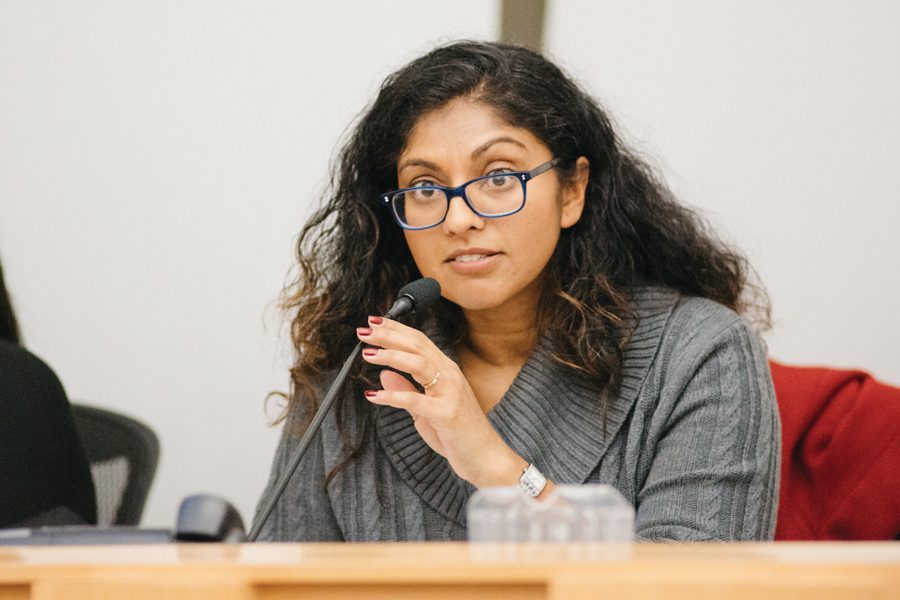 Evanston/Skokie School District 65 Board president Suni Kartha at a meeting. Three school board members are up for re-election, though none will face challenges.
