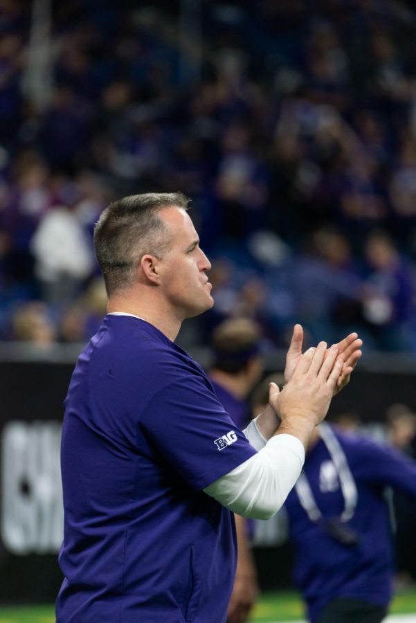 Pat Fitzgerald looks on at the Big Ten Championship game. On Monday, he hired Kurt Anderson to coach the offensive line in 2019.