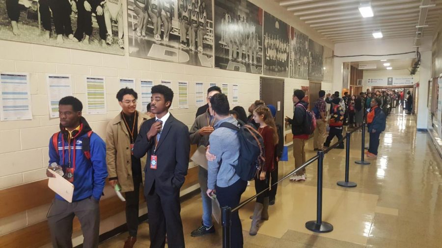 Students line up at youth job fair run through Evanston. The Workforce Development Program expands on the Mayor’s Summer Youth Employment Program, extending opportunities to adults. 