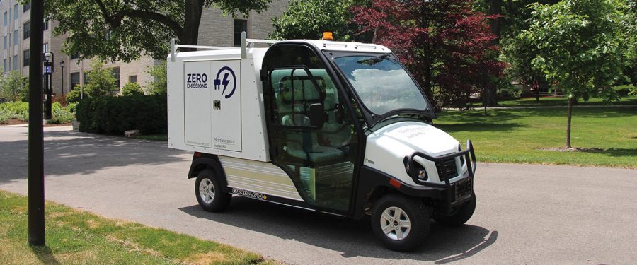 A Northwestern electric vehicle. Northwestern intends to reduce its greenhouse gas emissions by 30 percent from its 2012 base line by 2030 and achieve net zero emissions by 2050.