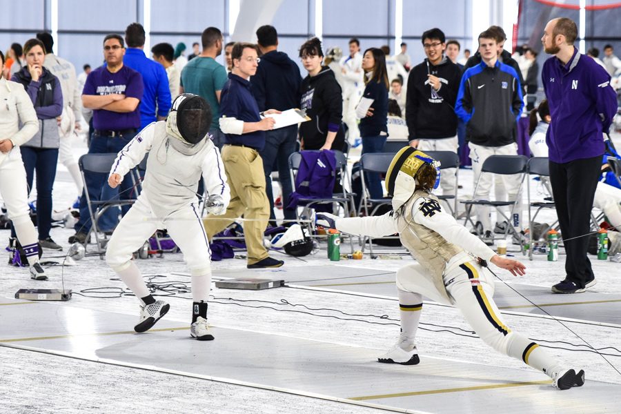 A Northwestern fencer faces off against Notre Dame. The Wildcats will rematch the Irish next weekend.
