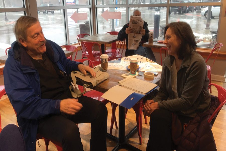 Karen McCormick, state Rep. Robyn Gabel’s chief of staff, speaks with Wilmette resident John Plante at Gabel’s office hours Saturday. North Shore constituents had the opportunity to voice their concerns and make proposals to the office of their state representative. 