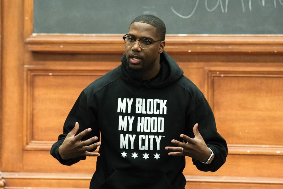 Jahmal Cole, the founder of civic education nonprofit My Block, My Hood, My City. Cole spoke about his experiences and the work of his nonprofit at a Wednesday event organized by Northwestern Community Development Corps.