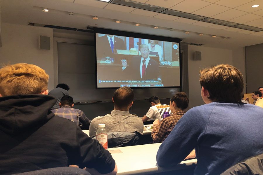Students+watch+President+Donald+Trump%E2%80%99s+State+of+the+Union+speech+at+McCormick+Foundation+Center.+Weinberg+junior+Dominic+Bayer+said+Trump+was+able+to+focus+more+on+political+issues+rather+than+personal+attacks+during+his+speech