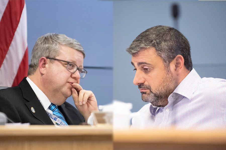 City manager Wally Bobkiewicz (left) and Ald. Tom Suffredin (6th). Suffredin on Thursday sent out an email calling for public discussion of a potential successor for Bobkiewicz and calling into question his loyalty to Evanston.
