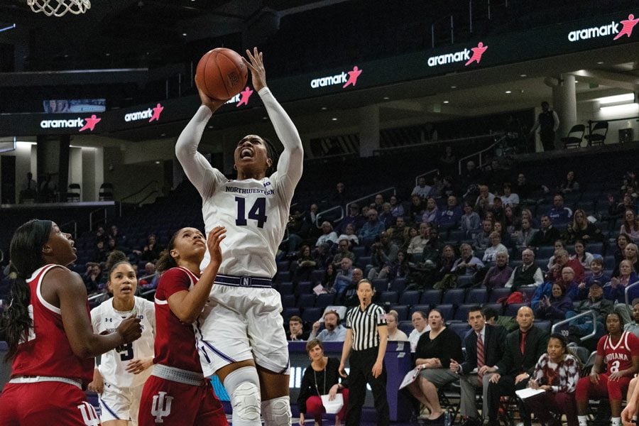 Pallas Kunaiyi-Akpanah attempts a layup. The senior had a double-double on her Senior Night as the Cats beat Indiana.