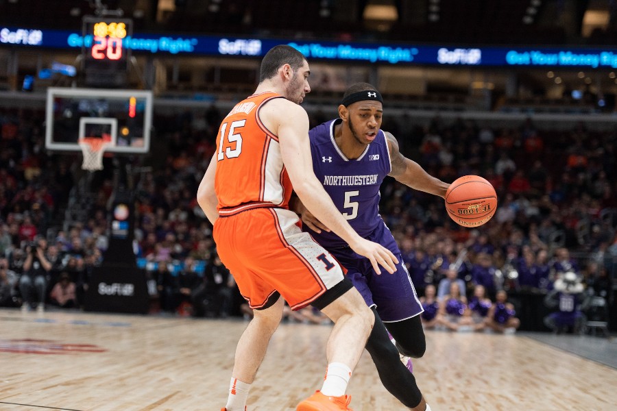 Dererk+Pardon+dribbles+the+ball+during+Northwestern%E2%80%99s+last+game+at+the+United+Center%2C+in+2019.+The+United+Center+is+slated+to+host+NCAA+Regionals+in+2022+and+2026.
