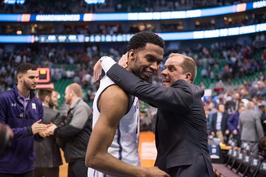 Jim Phillips embraces forward Vic Law at the 2017 NCAA Tournament. Phillips led the development of the renovated Welsh-Ryan Arena.
