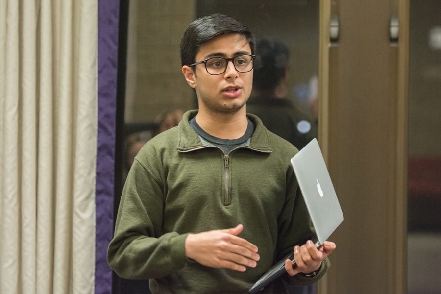 Maanas Bhatt, incoming vice president for student activities finances, speaks about the funding legislation at Wednesday’s ASG senate meeting. The legislation will make the process easier for smaller groups to obtain funding, Bhatt said.