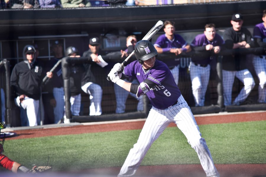 Shawn+Goosenberg+stands+at+the+plate.+The+freshman+scored+the+winning+run+in+NU%E2%80%99s+3-2+win+over+Michigan+State+this+weekend.