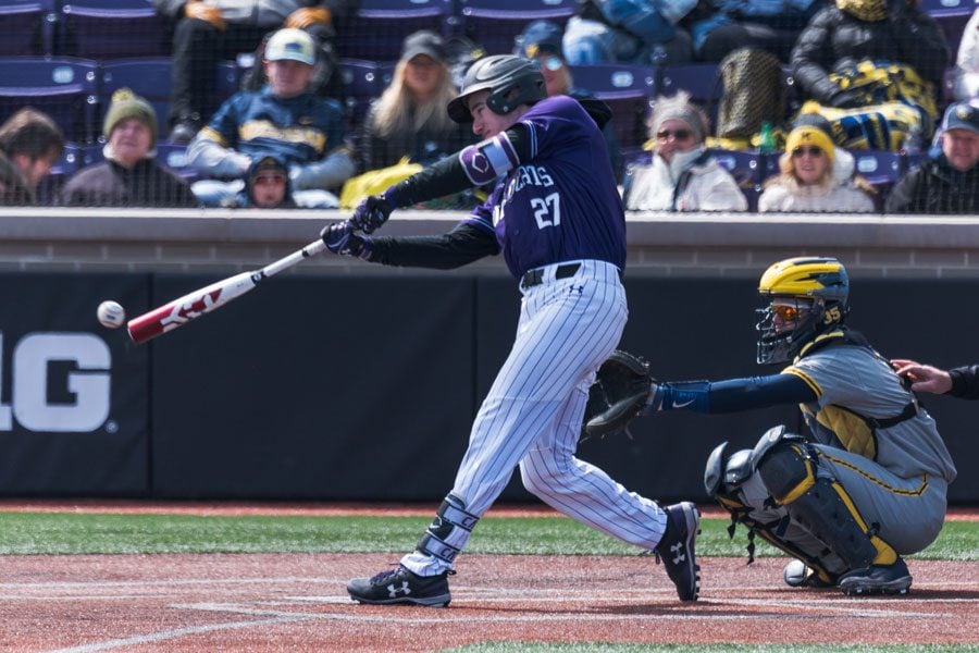 Leo Kaplan hits the ball. The junior left fielder hit a home run in NU’s win over Illinois-Chicago on Tuesday.
