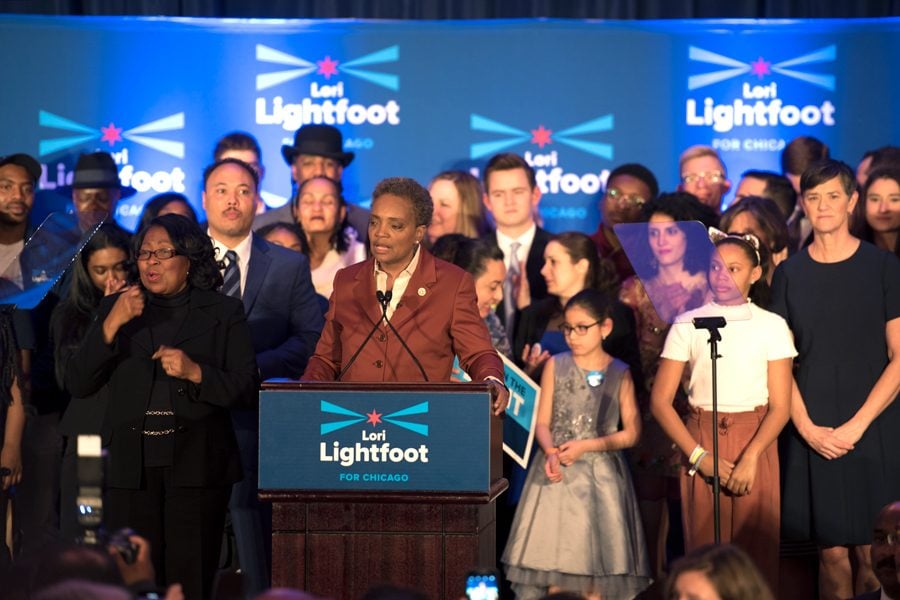 Lori Lightfoot gives her acceptance speech in the Grand Ballroom of the Hilton Hotel. Lightfoot won the mayoral runoff election with about 73 percent of the vote.