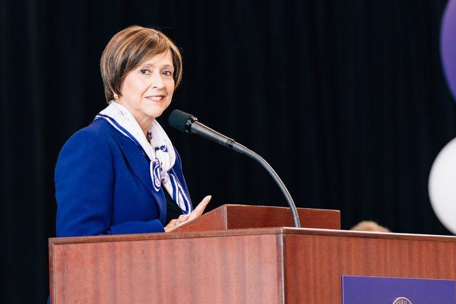 Patricia Telles-Irvin, vice president for student affairs, speaks during convocation. In a Friday email, Telles-Irvin denounced recent racist incidents on campus after students urged administrative response.
