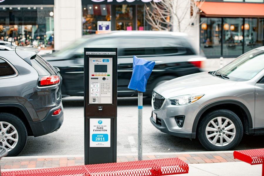 A parking station in downtown Evanston. Residents expressed frustration with the new parking procedures. 