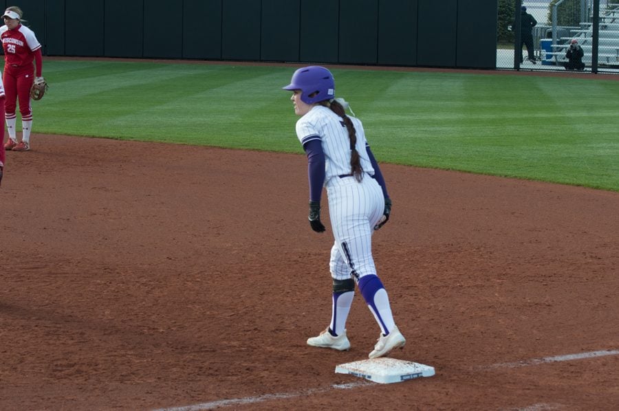 Morgan Nelson prepares to take off from first base. The senior has been a key component of the Wildcats’ offense this season.