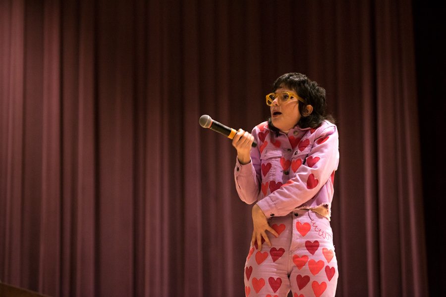 Northwestern alum Sarah Squirm performs standup at McCormick Auditorium. The event was hosted by One Book One Northwestern, and featured Squirm touching on issues of sex and feminism. 