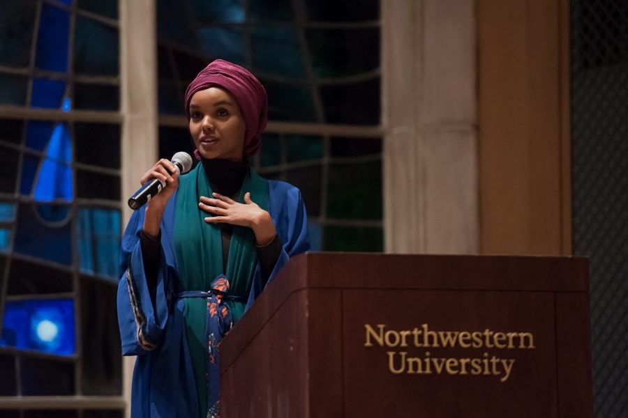 Halima Aden speaks at the Alice Millar Chapel. Aden, who grew up in a Kakuma refugee camp, was the first model to wear a hijab on an international runway.