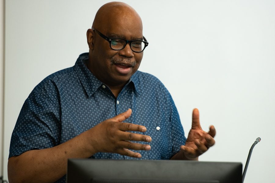 Floyd Webb speaks at the AfroFuturism Film Festival. The festival, put on by Living in Color and the Black Arts Initiative, worked to highlight award-winning afrofuturism films.