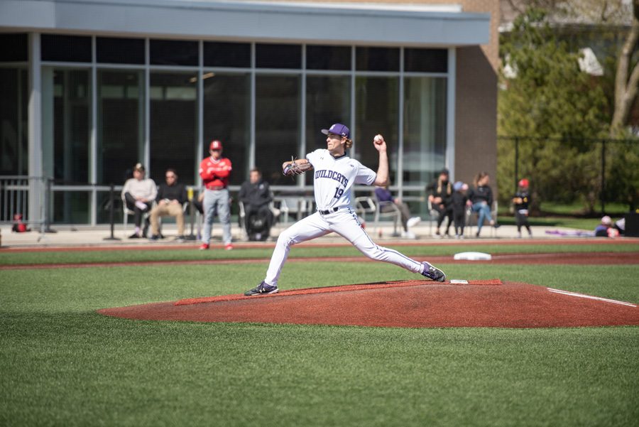 Ryan Bader throws from the mound. The sophomore pitched seven scoreless innings in game one of NU’s series win over Nebraska this weekend.