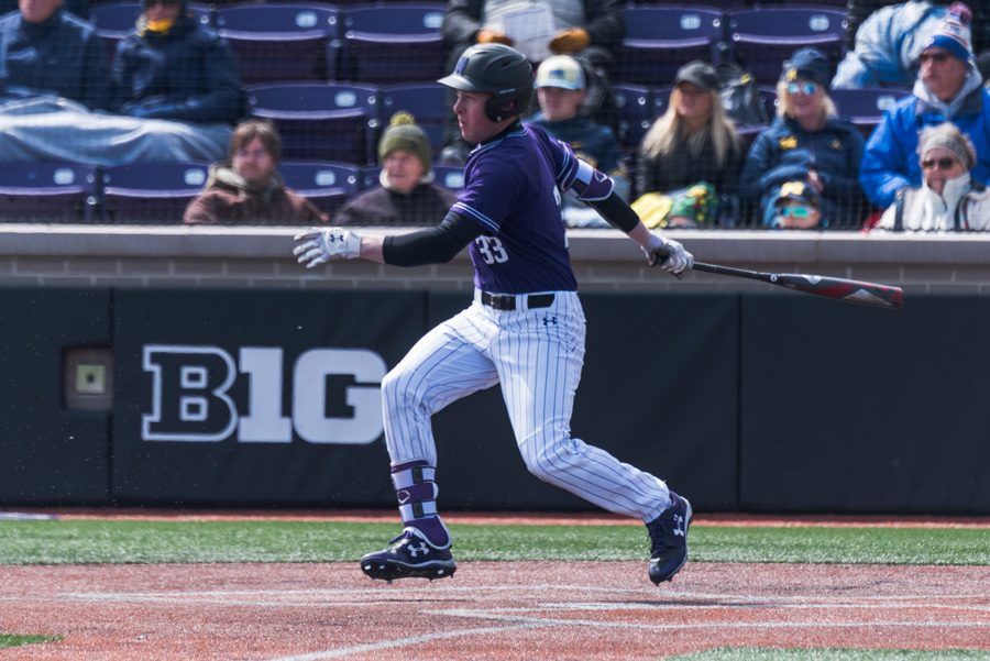 Casey+O%E2%80%99Laughlin+follows+through+on+his+swing.+The+sophomore+went+3-for-4+in+NU%E2%80%99s+win+over+Illinois+State+on+Wednesday.