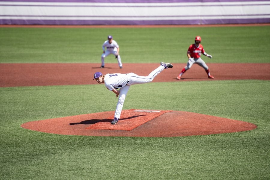 Ryan Bader throws from the mound. The sophomore threw six innings in NU’s series-clinching win against Rutgers on Saturday. 