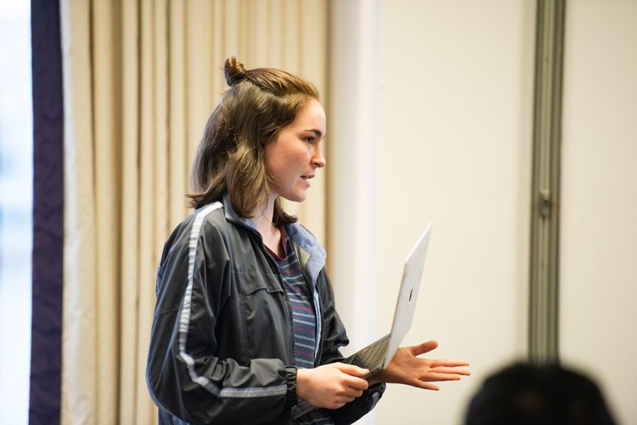 Elizabeth Sperti, left, at an Associated Student Government Senate meeting. The ASG parliamentarian helped strike a bargain between the Greek caucus and Senate leadership.