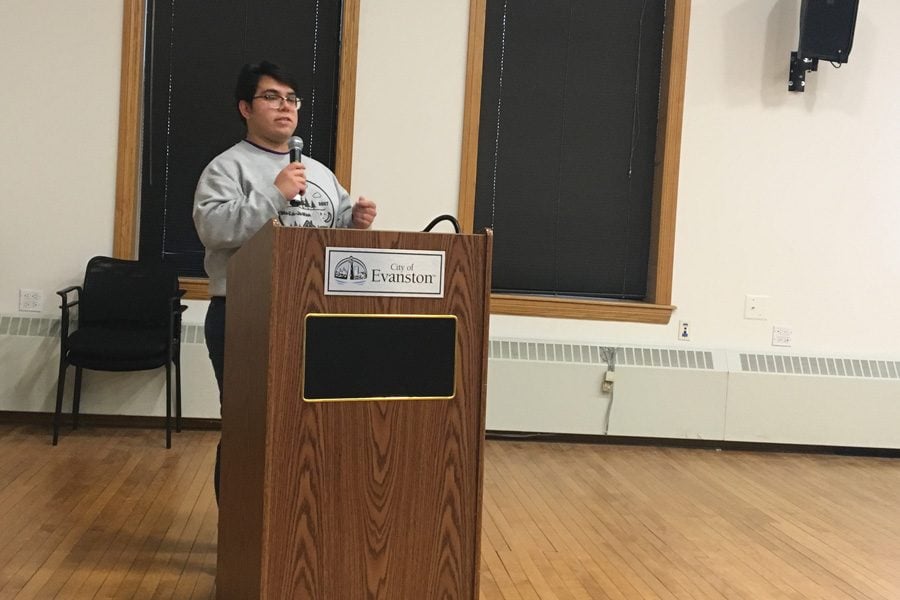 Weinberg sophomore Juan Zuniga speaks at an event Thursday. Northwestern and Evanston officials provided updates to community members concerning upcoming events, including Dillo Day and the Ohio State versus Northwestern football game. 