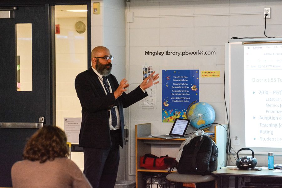 District 65 Assistant Superintendent of Schools Andalib Khelghati speaks at Kingsley Elementary School. Khelghati said he is confident that the achievement gap between Black, Latinx students and white students can be narrowed.