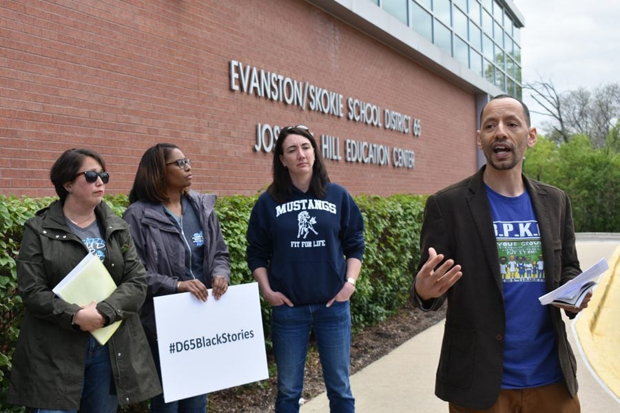 Abdel Shakur and other D65 parents speak at a press conference Monday. Black Parents of King Arts are demanding the school take immediate action to address the opportunity gap between black and white students. 