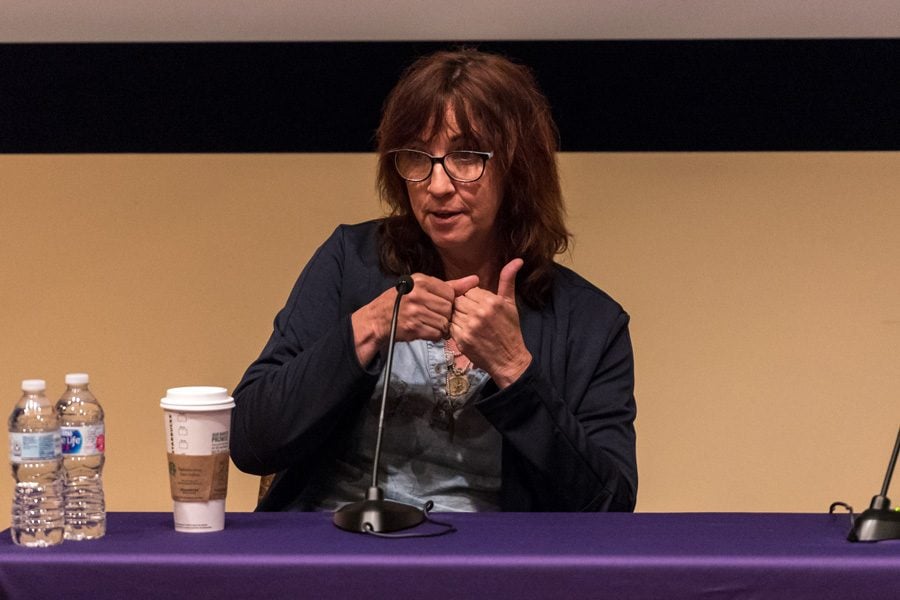 Paula Fairfield, Emmy award-winning sound designer, discusses her 30-year career with students at Annie May Swift Hall.