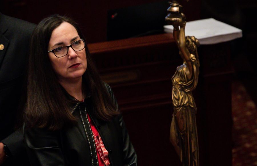 State Rep. Kelly M. Cassidy (D-Chicago) on the floor before the Illinois House. The House passed a bill Tuesday that would remove barriers to abortions at the state level.