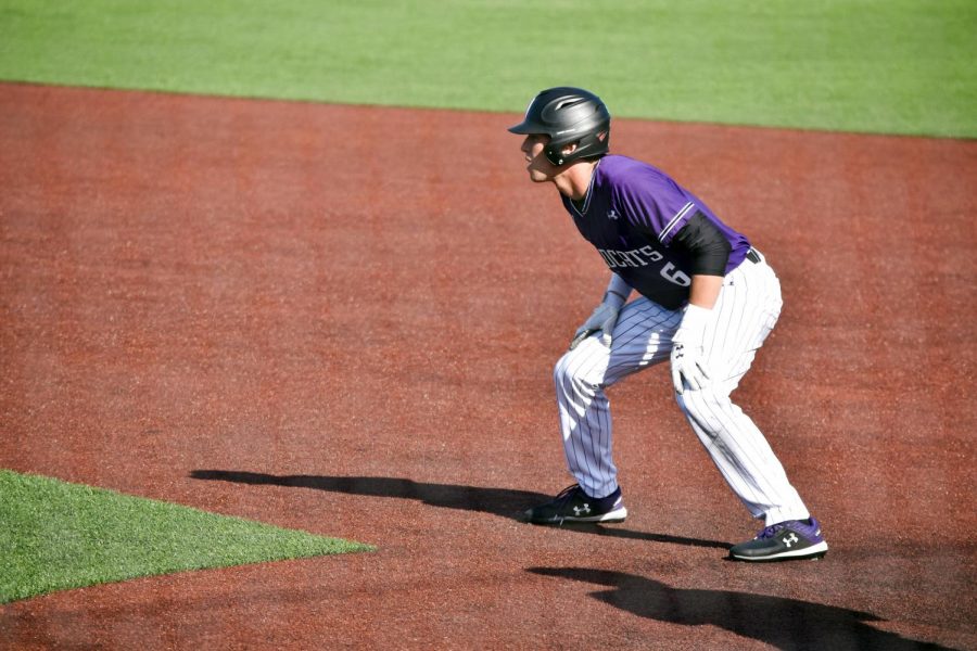 Shawn Goosenberg takes a lead off first base. The freshman and the Wildcats are trying to fight their way back into the Big Ten Tournament picture.