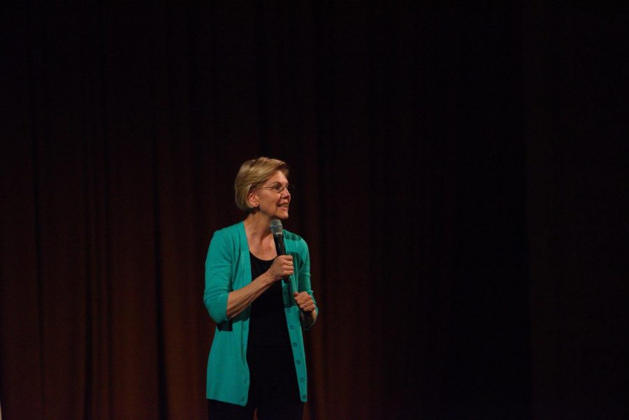 Senator Elizabeth Warren speaks during a town hall Friday night. Warren, one of many running for president, discussed her policy ideas and answered questions at Auditorium Theatre.