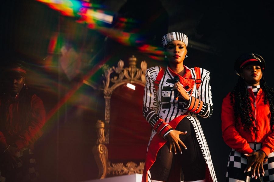 Janelle Monáe performs at Lollapalooza on Friday. Her set was complete with a throne, powerful choreography, and several outfit changes. 