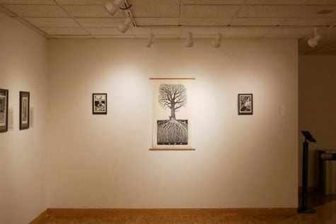 Gabriella Boros’ woodblock printings “The Old Oak,” “Walk,” and “Ruach” (From left to right). Boros explores the entangled connection between plants and humans in the exhibit “Narrative Botanics” which is now on view at Dittmar through Oct. 13. 