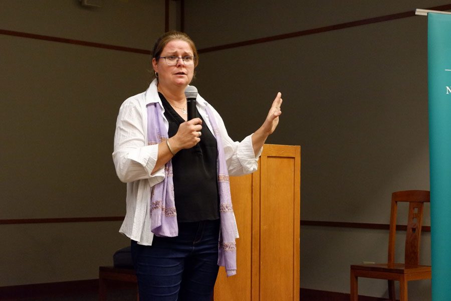 Author Joshka Wessels speaks at an Evanston Public Library event. She released a book about the stories of documentary filmmakers in Syria.
