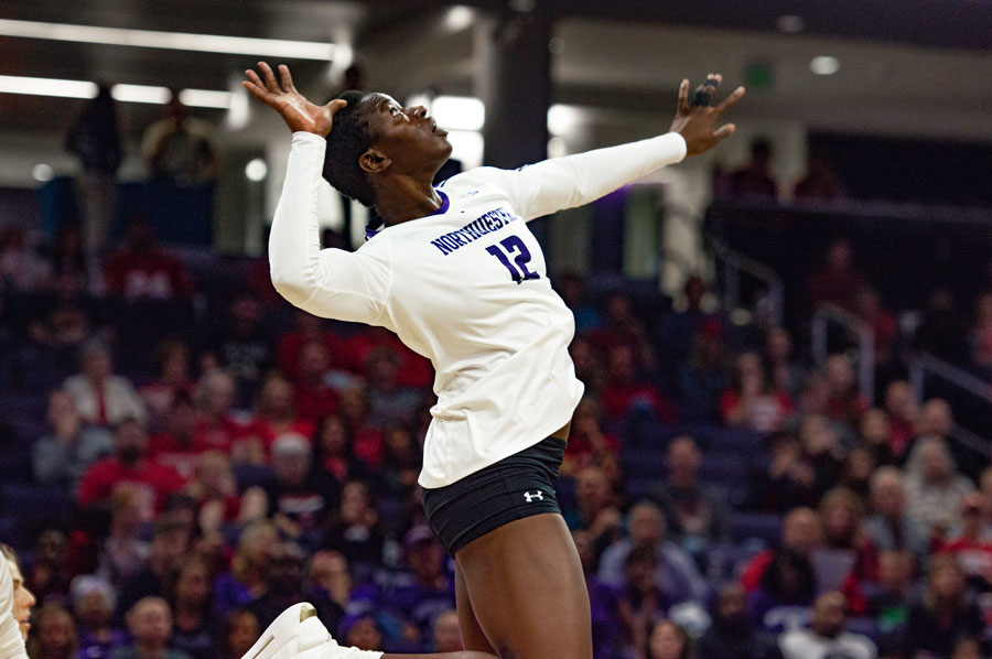 +Temi+Thomas-Ailara+stares+at+her+opponent.+The+freshman+outside+hitter+led+the+team+with+21+kills+against+Purdue.