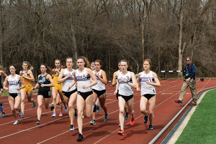 Northwestern runners race down the track. Coach Jill Miller in a Q&A with The Daily said the COVID-19 pandemic has greatly impacted her program’s practices and training regimens. 