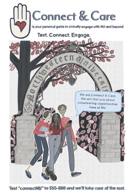 A flyer announcing Connect & Care’s launch of its texting service. The non-profit startup’s research indicated that texting is an effective way to bridge the gap between non-profits and students seeking volunteering opportunities.
