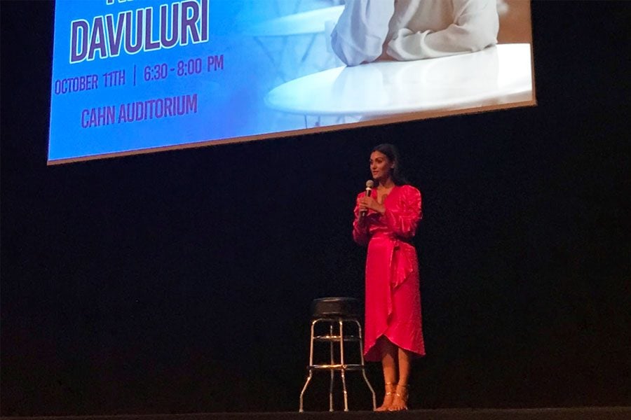 Nina Davuluri speaks at Cahn Auditorium. Davuluri, the first Indian-American to be crowned Miss America in 2014, now promotes cultural awareness and women’s education.