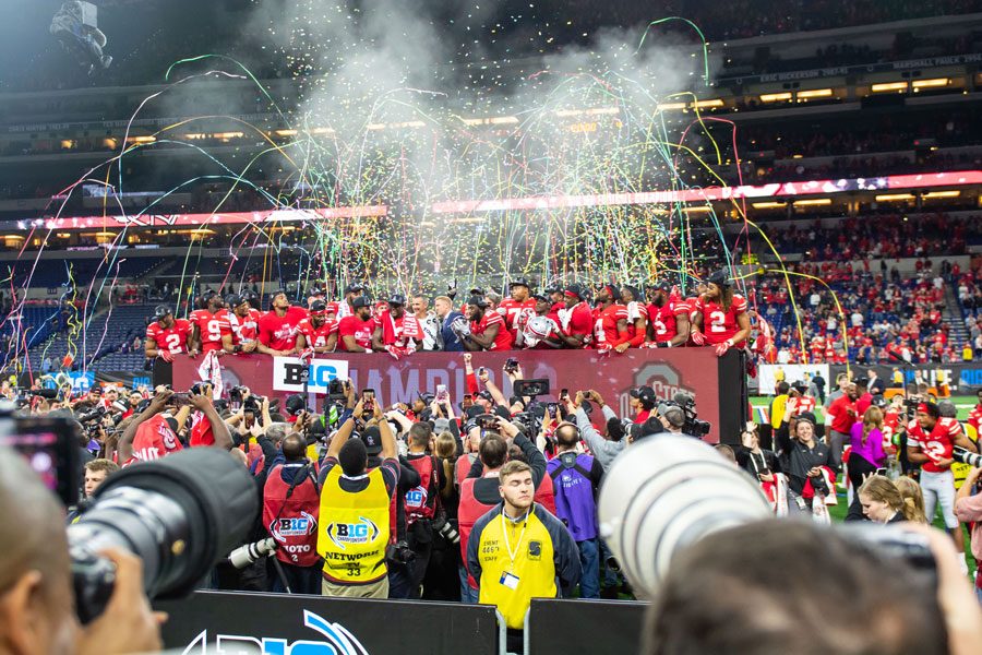Ohio State celebrates after beating Northwestern in the 2018 Big Ten Championship Game. The Buckeyes have started 2019 6-0 while the Wildcats have struggled to a 1-4 start.