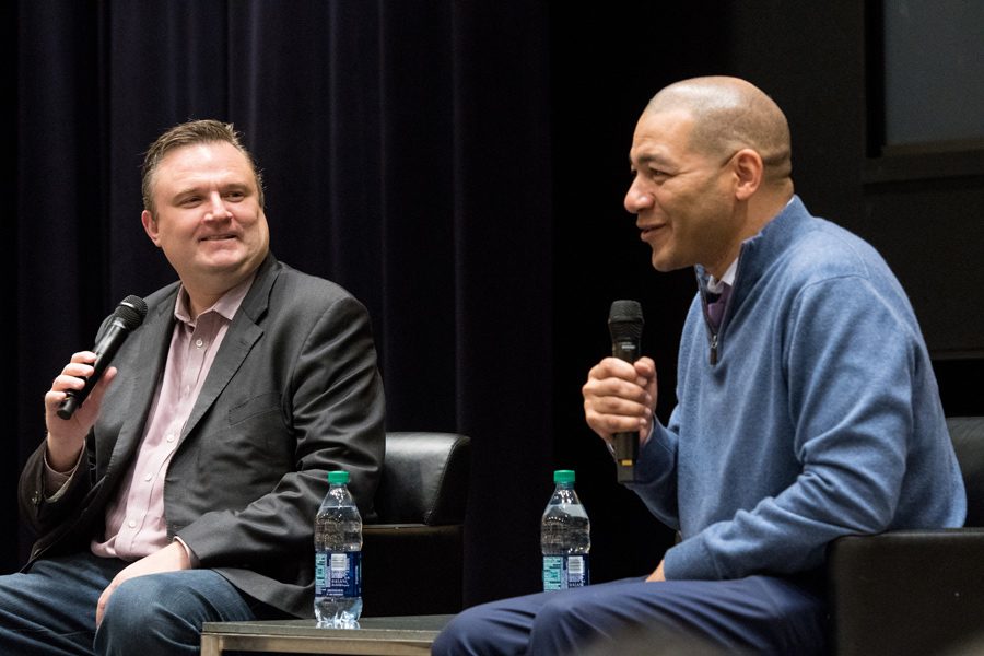 Medill Prof. J.A. Adande (Medill ’92) speaks with Houston Rockets general manager Daryl Morey at a January 2018 campus event.