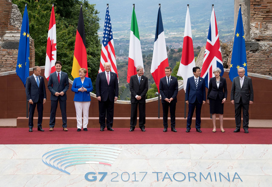 US+President+Donald+Trump+and+Japanese+Prime+Minister+Shinzo+Abe+pose+for+a+photo+with+other+world+leaders+at+the+2017+G7+summit+at+Teatro+Greco+in+Taormina%2C+Sicily%2C+Italy.+On+Friday%2C+Northwestern+professors+discussed+Japan%E2%80%99s+economic+prospects+as+part+of+their+fall+lecture+series.