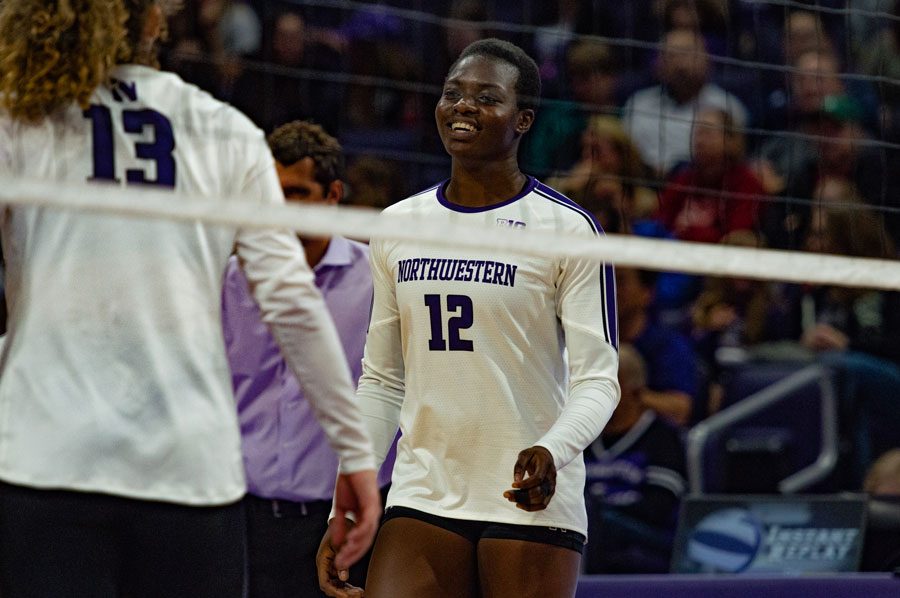 Temi Thomas-Ailara smiles after a point. Ailara leads the Big Ten with 4.47 kills/game.
