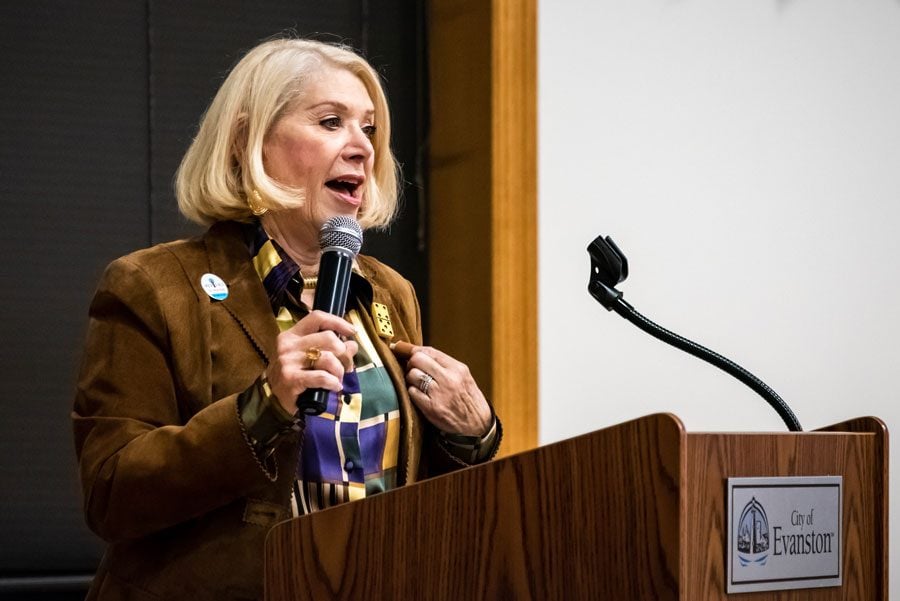 MSNBC contributor Jill Wine-Banks speaks at the Lorraine H. Morton Civic Center on Tuesday. The event, hosted by Indivisible Evanston, focused on increasing civic engagement in the 2020 election.