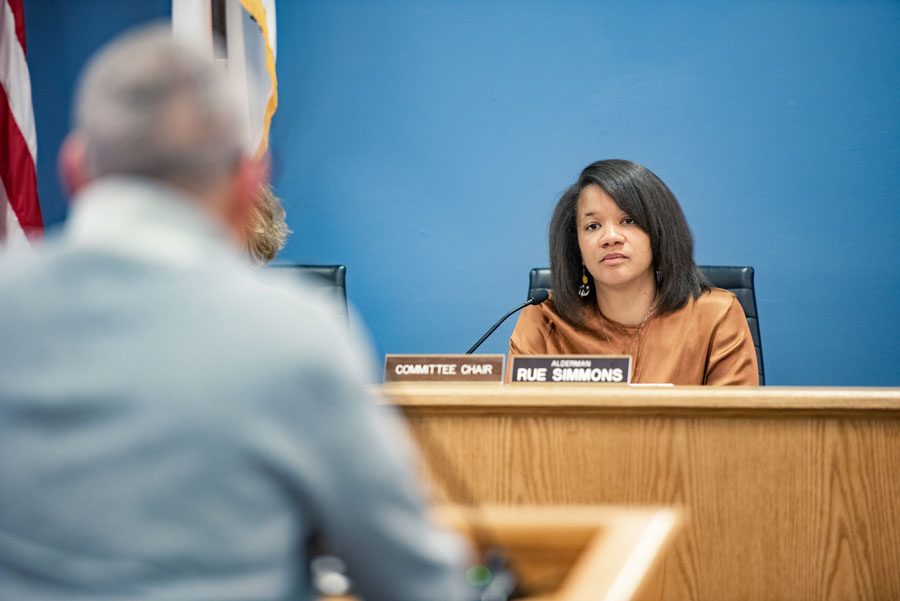 Ald. Robin Rue Simmons (5th) at a City Council meeting. Rue Simmons had questions about the city legalizing recreational cannabis. 