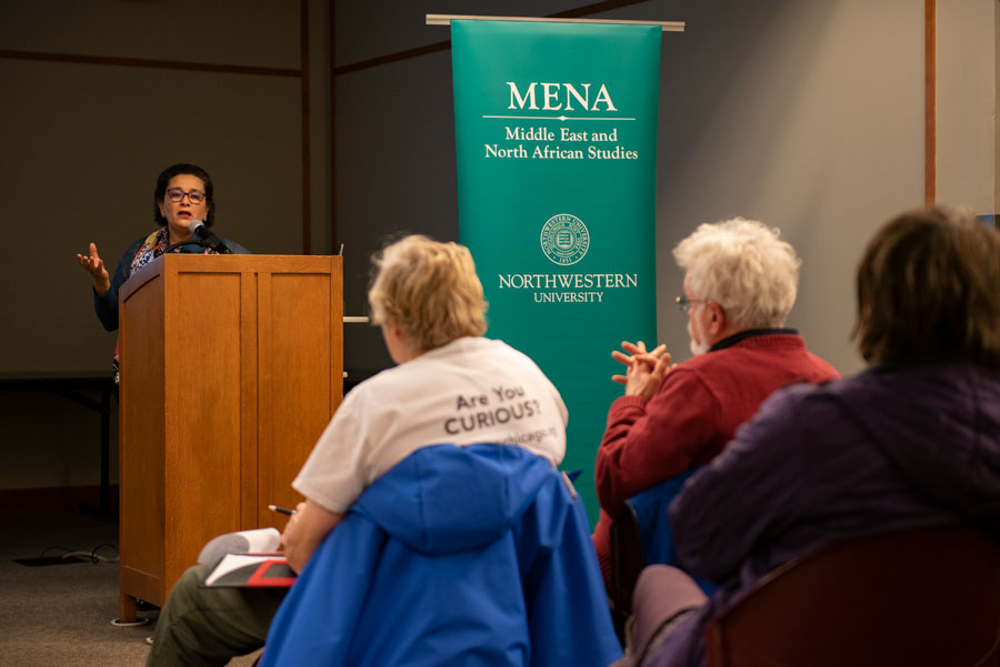 Jamila Bargach speaks at Evanston Public Library Tuesday on her NGO, Dar Si Hmad for Development, Education and Culture. Through a fog harvesting system, the NGO has provided potable water for over 15 villages. 