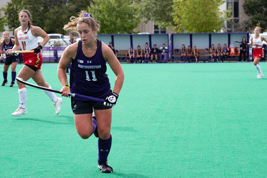 Kayla Blas runs for the ball. The sophomore defenseman recorded an assist against Indiana in the Cats’ last game. 
