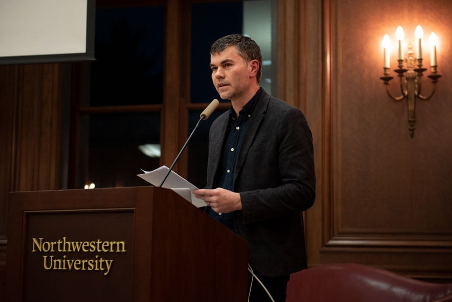 University of Massachusetts Prof. Thomas Stubblefield speaks during the Kaplan Institute’s fall keynote event. Stubblefield and O’Brien discussed how erasure of works of art can alter perceptions of history.