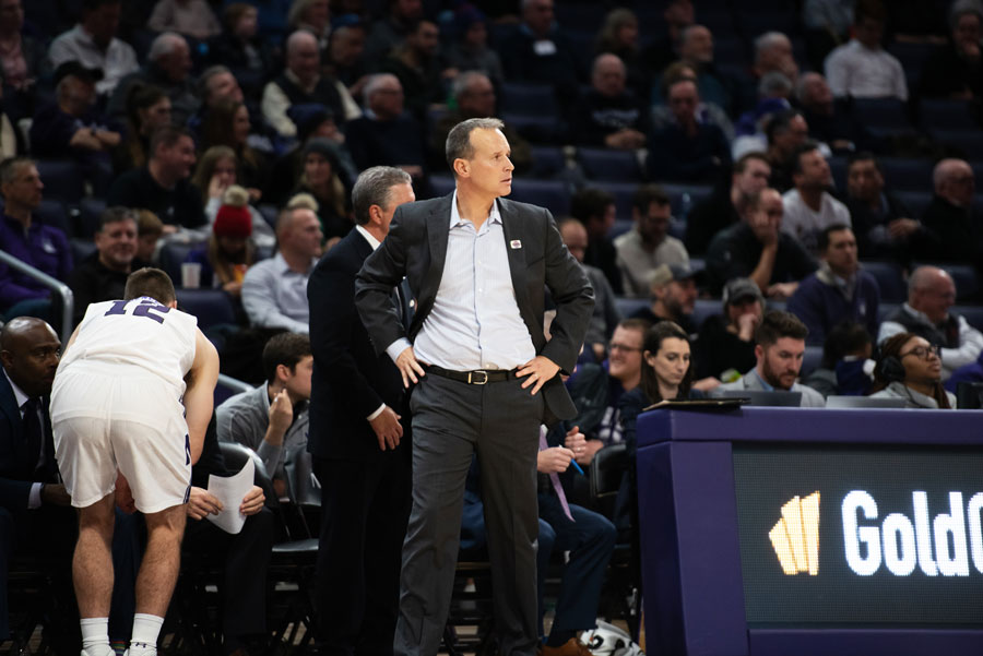 Chris Collins looks at the court. Northwestern shot just 33 percent from the field in Tuesday’s loss. 